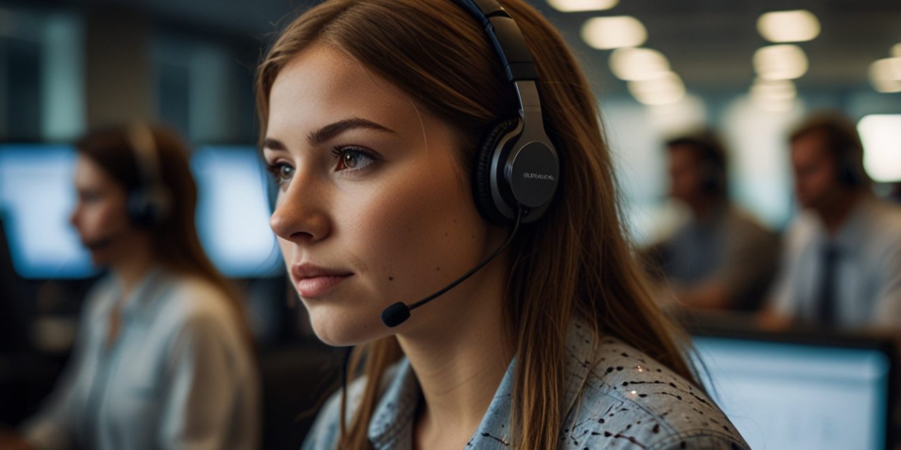 Asesora de atención al cliente en un Contact Center en Madrid, gestionando llamadas con auriculares.