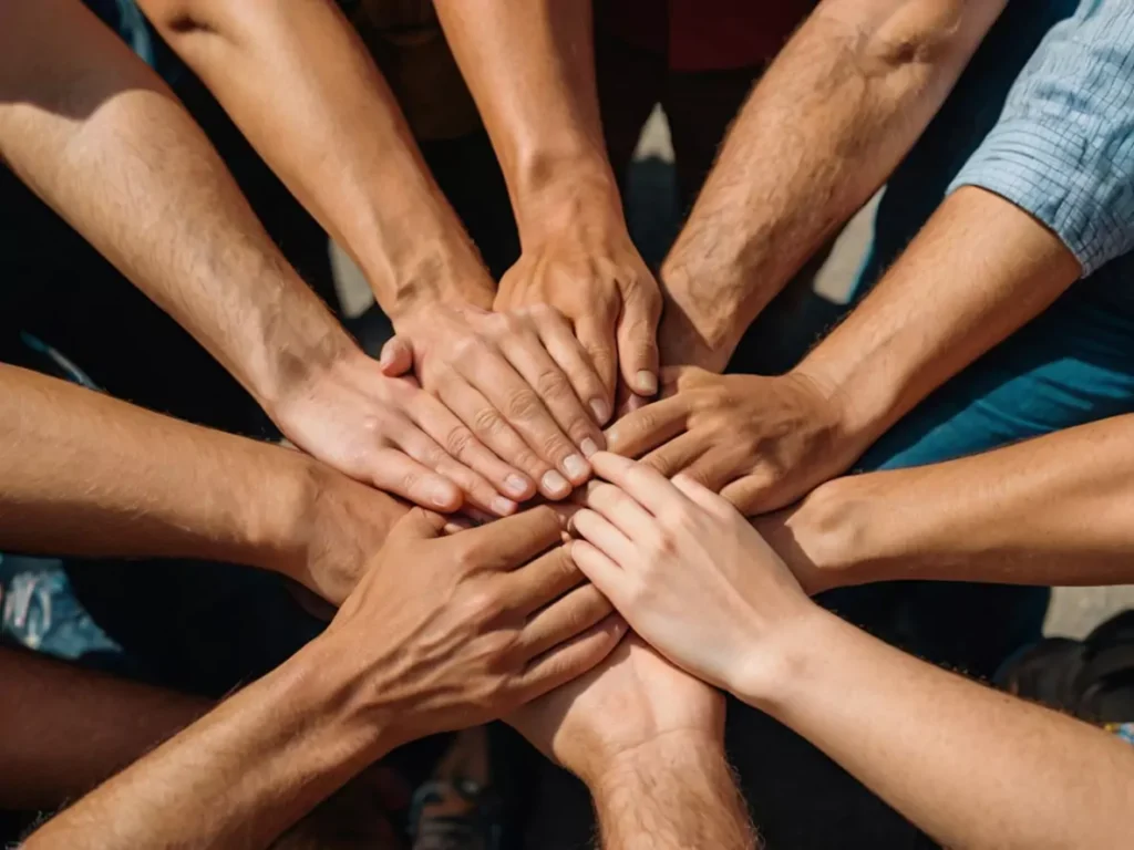 Manos de un equipo unidas en señal de colaboración y trabajo en equipo, representando unión y esfuerzo colectivo.