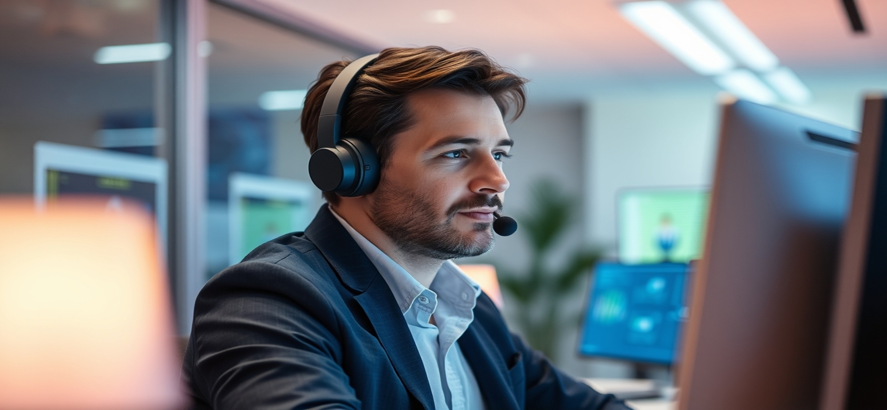 Imagen de un contact center inteligente en Madrid, mostrando agentes usando tecnología avanzada de IA para mejorar la atención al cliente.